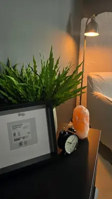 a table with a clock and a potted plant at QuiHouse in Manila