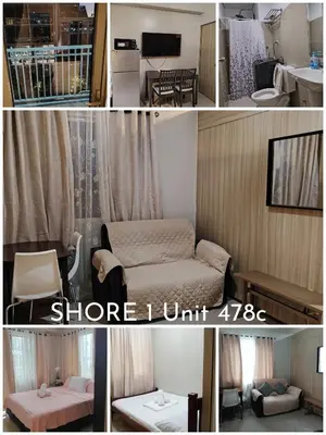 a collage of a room with a bed and a bathroom at Zenys Staycation at Shore 1 Residences in Manila