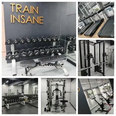 a collage of pictures of a gym with weights at AMA Tower Residences - Liam Kyro Staycation Place in Manila
