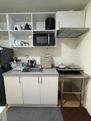 a small kitchen with a sink and a microwave at Casa Chloe at Holland Park in Biñan