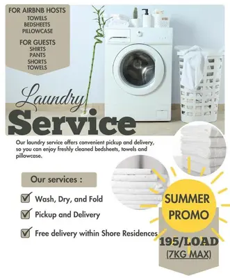 a flyer for a laundry service with a washing machine at 1 Bedroom Condo at Shore 2 Near Airport with Balcony & Pool View in Manila