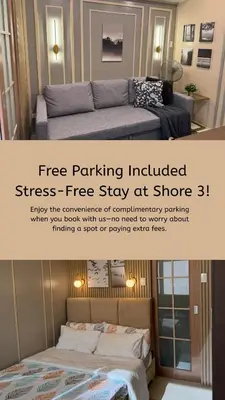 a poster of a bedroom with a bed with a free parking included stress free stay at Shore 3 Residence Aesthetic 1 BR in Manila