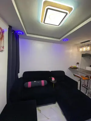 a living room with a black couch and a skylight at Condo apartment in Manila