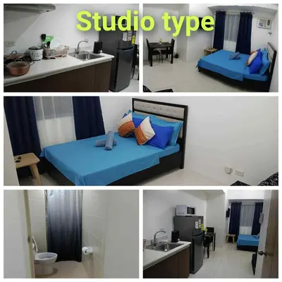 two pictures of a room with a bed and a kitchen at Tabatina Grand Reviera Suites in Manila