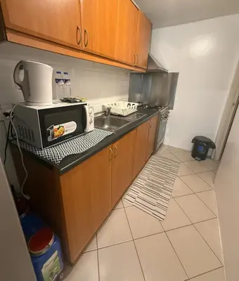 a kitchen with a sink and a microwave at Forbeswood Parklane Condominium in Manila