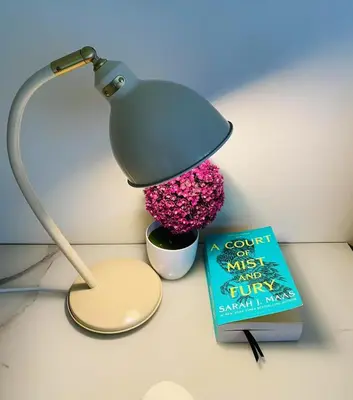 a lamp sitting next to a book and a plant at Stan Condo in Manila