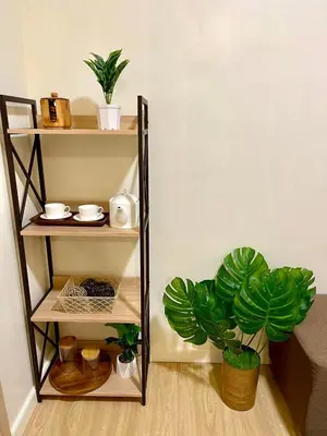 a shelf with a plant in a room at Cityscape Stays in Manila