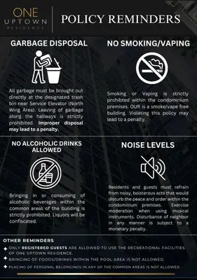 a sign that says no smoking and no smoking signs at Uptown BGC 1BR Modern Pool View Unit by Terravista in Manila
