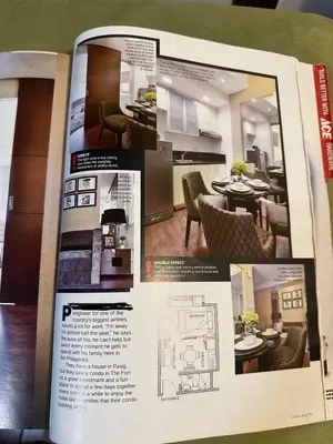 a page of a magazine with a kitchen and a living room at Luxurious Studio in McKinley Hill with City View in Manila