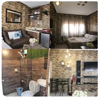 two pictures of a living room and a bedroom at Valley Golf Condominium Staycation in Cainta