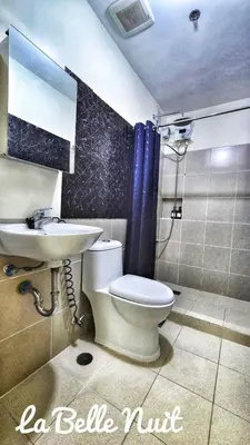 a bathroom with a toilet and a sink and a shower at Prisma La Belle Nuit in Manila