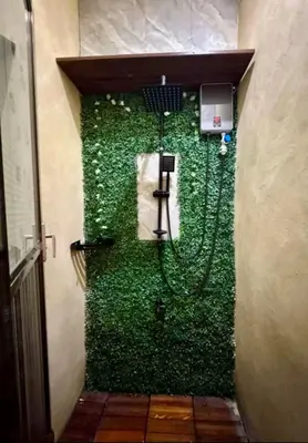 a bathroom with a green wall with a shower at Cozy Villa with Dipping Pool in Bacoor