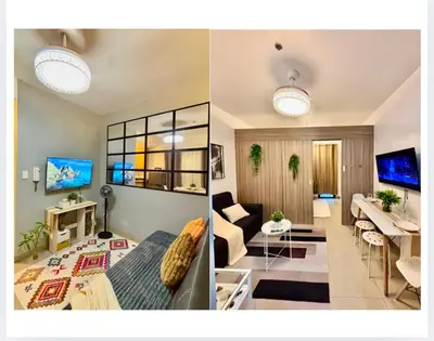 two pictures of a living room and a living room with a couch at Twin Unit at Shore 2 Residences in Manila
