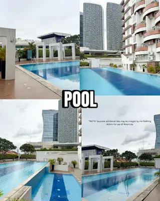 a collage of three pictures of a swimming pool at Roomies Spacious Fully Furnished Condo with Balcony and Netflix for 4pax in Manila