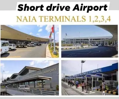 a collage of photos of a airport with the words short drive airport naja at Shore Residence 2br 5f walking distance MOA near airport in Manila