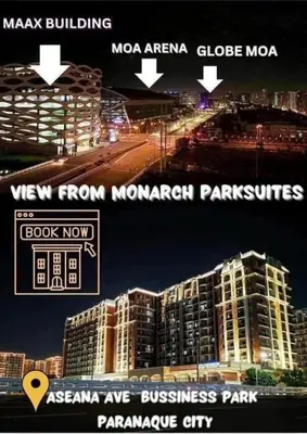 two pictures of a city at night with a building at Monarch Park Suites WS in Manila