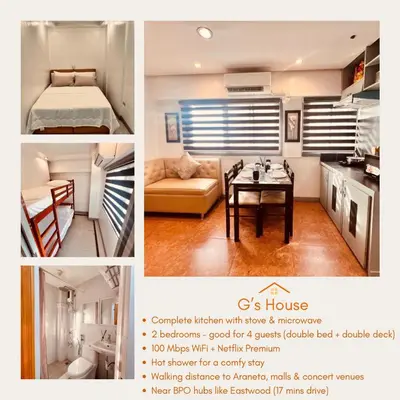 a collage of photos of a bedroom and a living room at G's Bnb in Manila
