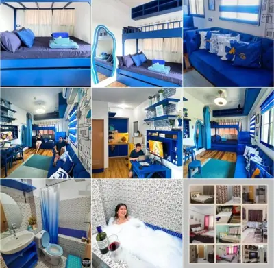 a collage of pictures of a room with blue walls at Affordable Bed And Breakfast along Ortigas Ave in Cupang