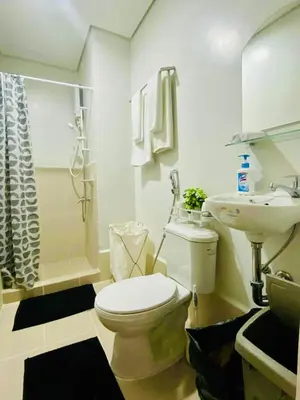 a bathroom with a toilet and a sink and a shower at Condo Stay Near SM City Santa Rosa Mall in Ibaba
