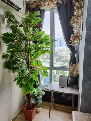 a room with two potted plants and a laptop on a table at Thailand Theme 1BR Free Pool Gym Internet Netflix Sunshine 100 T3 Pioneer Mandaluyong in Manila