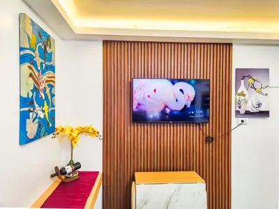 a television on a wooden wall in a room at Serene City Abode in Santa Rosa