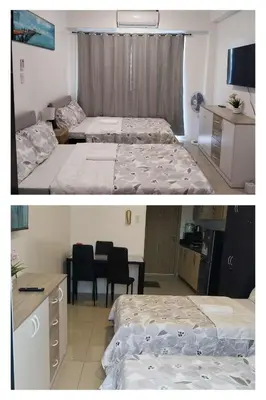 two pictures of a hotel room with two beds at Shorestandrelax in Manila