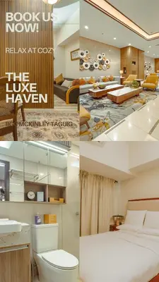 a collage of four pictures of a hotel room at The Luxe Haven at BGC in Sampong