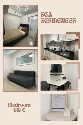 a collage of photos of a room with a bed and a kitchen at Staycation By ABBYBI in Manila