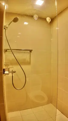a shower with a glass door in a bathroom at Venice Luxe Suite, 1 Bedroom Maximum, 4 adults plus kids in Manila