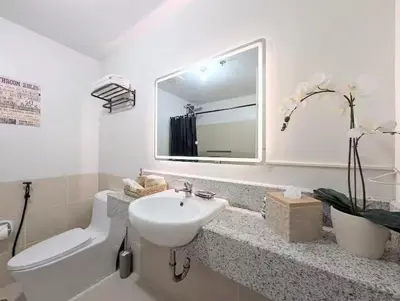a bathroom with a sink and a toilet and a mirror at Cozy Garden View near Airport WFH Netflix Stay in Manila