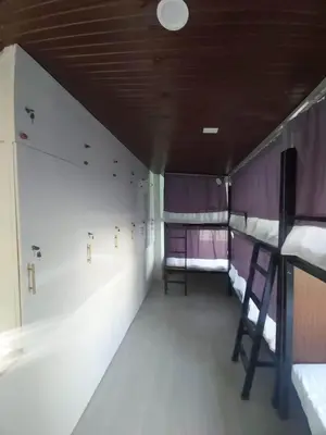 a row of bunk beds in a room with purple and white walls at Fernica Boarding House in Bancal