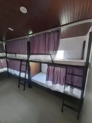 two bunk beds in a room with purple curtains at Fernica Boarding House in Bancal