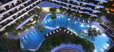an overhead view of a large swimming pool in a building at air residences in Manila