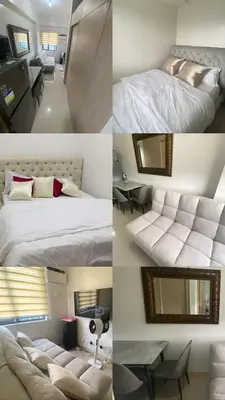 a collage of four pictures of a hotel room at 2 bedroom condo at Leaf Residences Muntinlupa in Manila