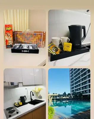 a collage of pictures of a kitchen with a view of a building at EJs Crib Cozy 1BR Condo at SMDC Fame Residences in Manila