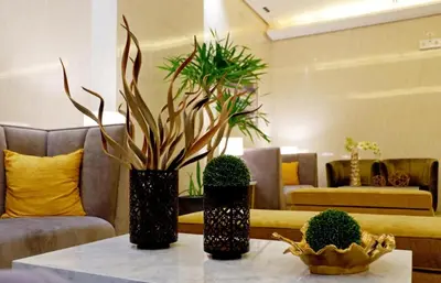 a living room with two vases with plants on a table at Jacob's Place Near Manila Airport in Manila