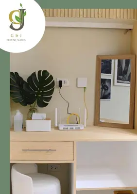 a desk with a mirror and a plant on it at G & J Serene Suites in Tanza