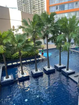 a row of palm trees in a swimming pool at Comfy Studio for 2 at Sunshine100 in Mandaluyong Fully equipped in Manila