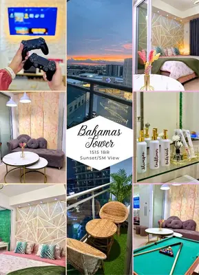 a collage of photos of a hotel room with a pool table at Azure Urban Resort Residences, 1BR Bahamas 15th floor in Manila