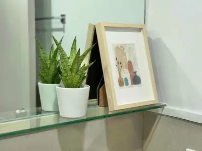 two plants sitting on a glass shelf with a picture at Premier 3BR with Fast Internet near High Street BGC in Manila