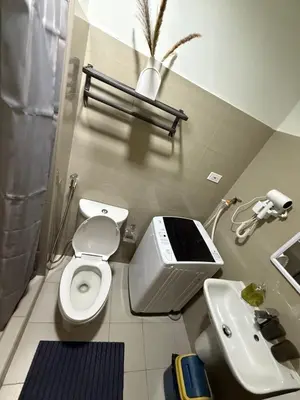 a small bathroom with a toilet and a sink at Thrifty Comfy Luxe Stays in Manila