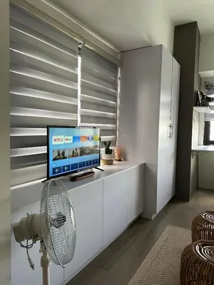 a living room with a television and a fan at Cozy Nature-Inspired Studio Unit in Cubao in Manila