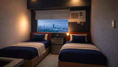 a hotel room with two beds and a window at Azure Haven in Manila