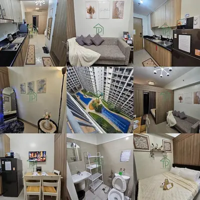 a collage of photos of a kitchen and a living room at 1BR Pool View Balcony Near MOA Shore 2 Tower 1 in Manila
