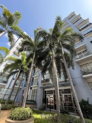 a group of palm trees in front of a building at Apartment near Airport at One Palm Tree Villas in Manila