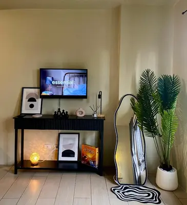 a living room with a television and a plant at Cluster 3, 81 Newport Blvd near NAIA T3 in Manila