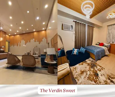 two pictures of a bedroom and a living room at The Verdin Sweet at Maple Grove Gen Tri Cavite in General Trias
