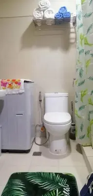 a bathroom with a toilet and a shower curtain at Vienna's Accomodation in Manila