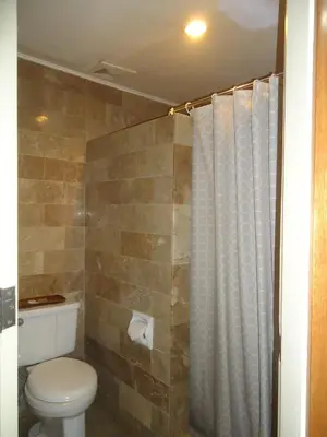 a bathroom with a toilet and a shower curtain at Park Bed and Breakfast Hotel Pasay in Manila