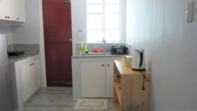 a kitchen with a counter and a sink and a window at Homestay at 24 Laguna Bel-Air by Red Door House Rental in Santa Rosa
